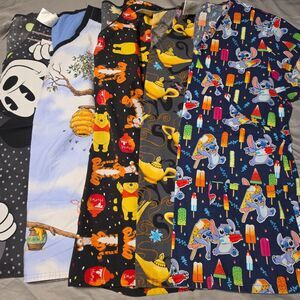 Lot of 5 Disney Scrubs Tops S Stitch Aladdin Pooh Tigger Mickey Mouse